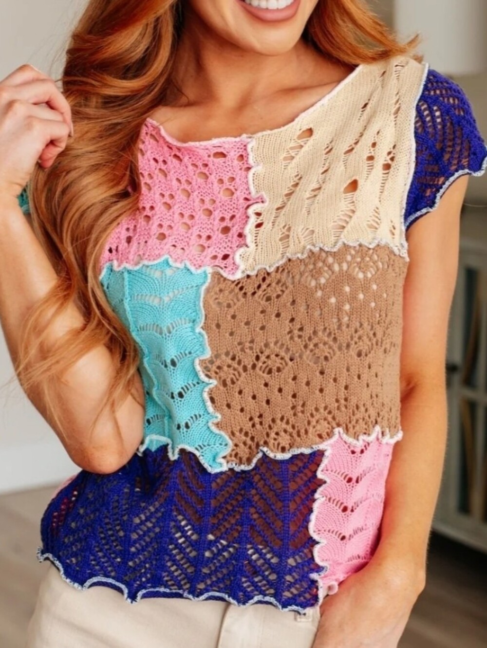 POL Patch Me Up Patchwork Knit Top